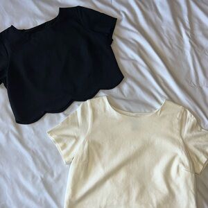 Black and Cream Short Sleeve Scallop Tops